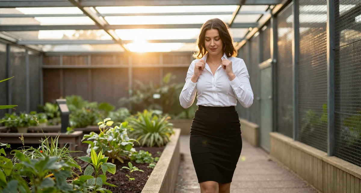 A satisfied Female From UK, studied law at a prestigious university in their 31, sharing tips on modern urban gardening, wearing a fitted white button-down shirt and a black pencil skirt, fixing a collar in a zoo enclosure path.