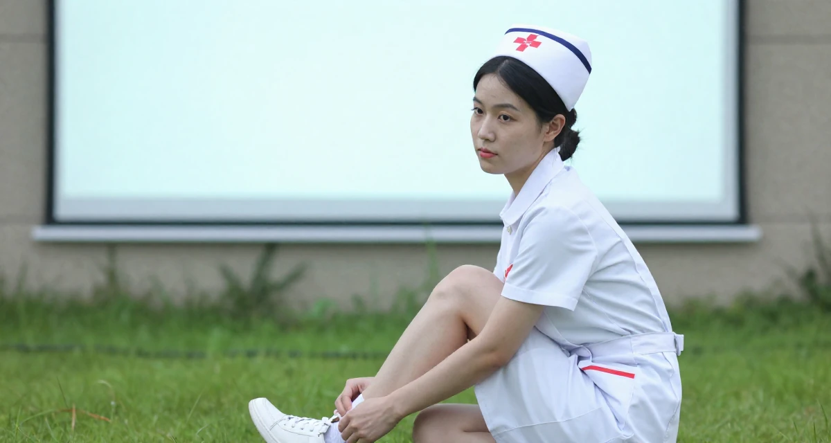 A mellow Female Former phone-shop clerk, now combining tech and lifestyle content in their 25, accepting that growth is slower than motivational quotes claim, wearing a nurse cosplay uniform with a stylized cap, glancing over the shoulder in a grassy field.