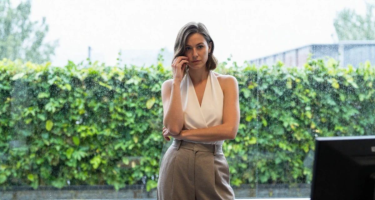 A observant Female From Sweden, based in Malmö, graduated from a media school majoring in expressive content aesthetics in their 25, adapting to early adult responsibilities, wearing a halter neck top and wide-leg office trousers, pushing hair from face in a radio station.