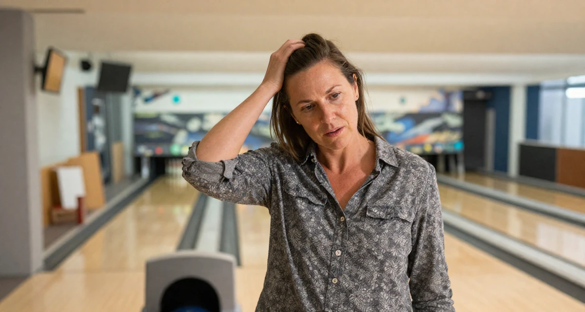 A engrossed Female From Australia, has a degree in environmental science in their 45, documenting the renovation of a vacation home, wearing a relaxed fit patterned shirt, scratching a head lightly in a bowling alley.