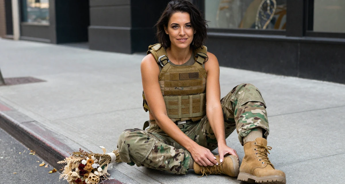 A amused Female From USA, dropped out of art school to pursue modeling in their 50, launching a second act career with passion, wearing a tactical military gear with a cropped vest and cargo pants, pulling up a sock in a city sidewalk.