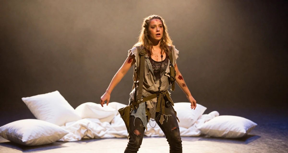 A surprised Female From Hamburg Germany, majored in sociology in their 22, balancing ambition with realistic expectations, wearing a zombie apocalypse survivor gear with torn clothes, taking a deep breath in a theater stage.