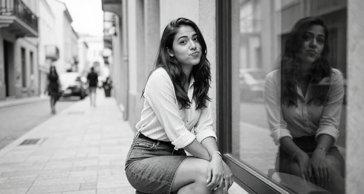 A playful Female Born in Colombia, majored in media innovation in their 27, recovering from hustle culture fatigue, wearing a striped button-down shirt tucked into a denim pencil skirt, checking a reflection in a window in a quaint European street.