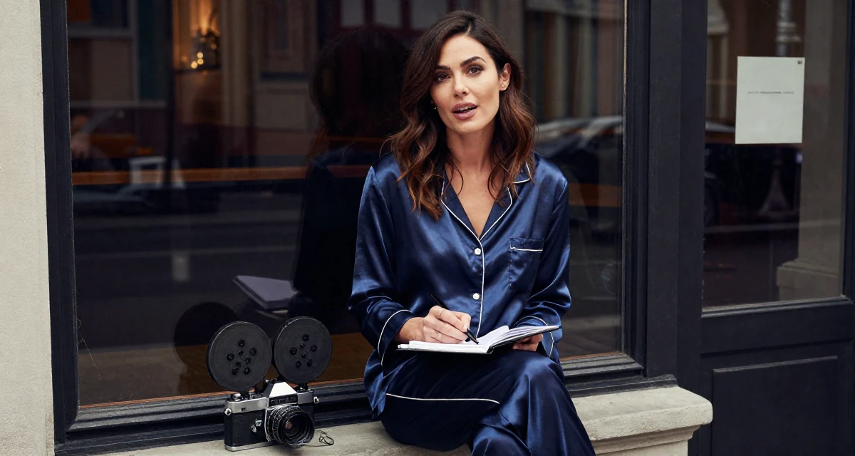 A open and honest Female Once a med-school dropout, now exploring emotional vulnerability through art in their 40, celebrating a decade of professional mastery, wearing a satin pajamas set with the top unbuttoned, writing in a notebook in a cinema entrance.