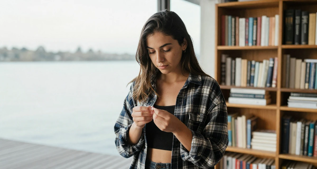 A timid Female From Chile, studied commercial design in their 22, confronting competitive job markets, wearing a oversized flannel shirt unbuttoned over a crop top, inspecting fingernails in a lakeside dock.