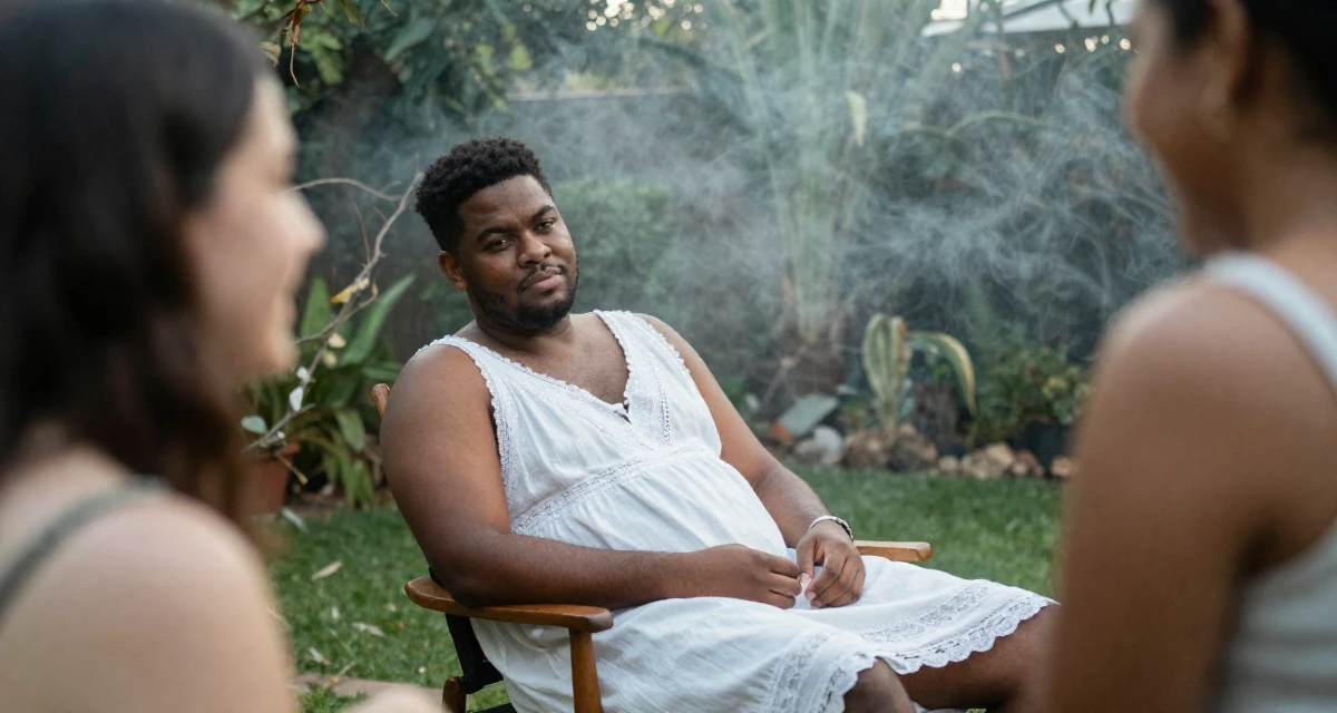 A disinterested male From South Africa, based in Cape Town, graduated from a fashion university majoring in body-positive styling in their 24, reinvesting earnings in better lighting and props, wearing a white cotton nightgown with lace details, smiling at a stranger in a backyard garden.