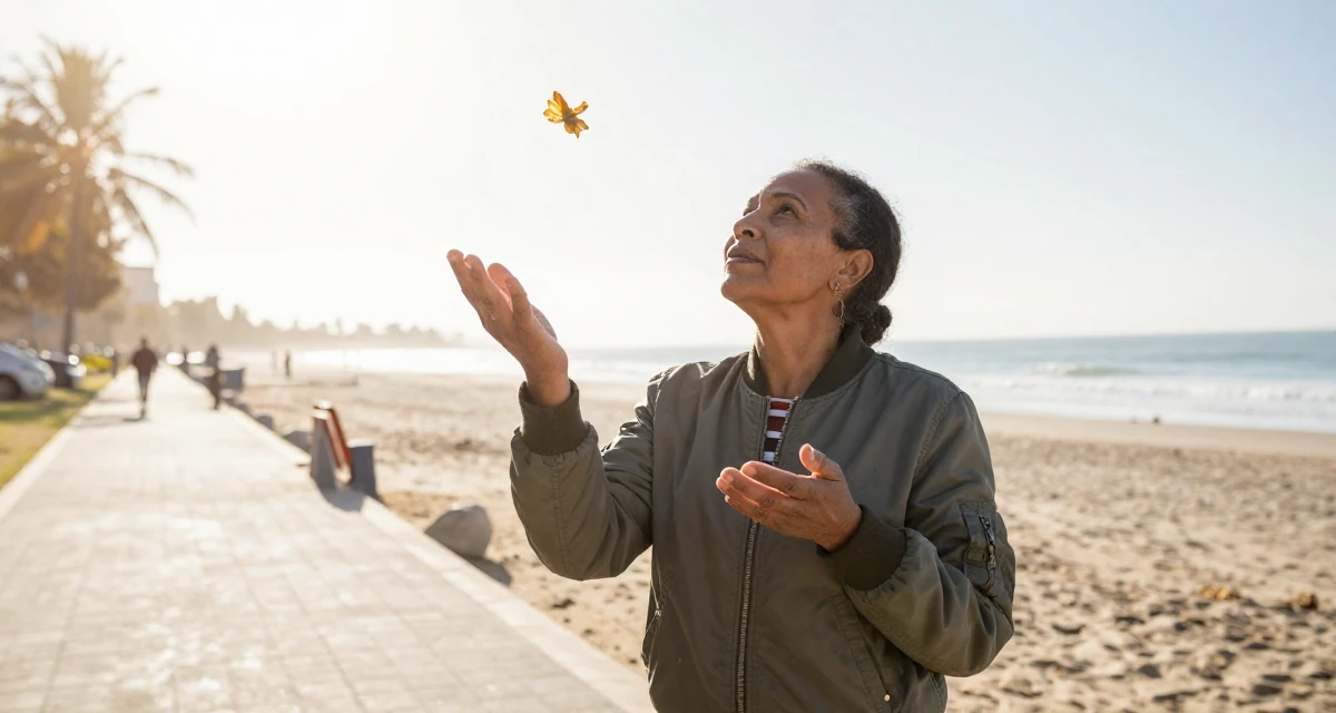 A carefree Female From Ethiopia, studied software development in their 50, exploring semi-retirement options, wearing a classic bomber jacket style, catching a falling flower petal in a beach promenade.