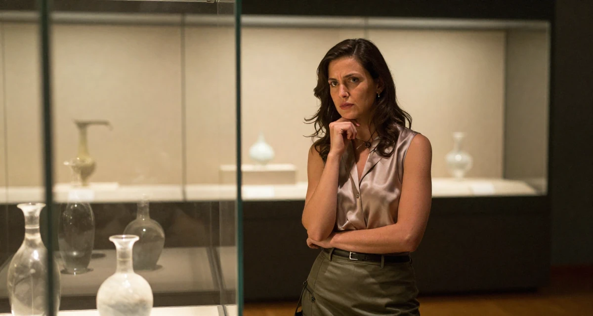 A impatient Female Former sales rep, now leveraging charisma for digital storytelling in their 48, confident public speaker and thought leader, wearing a sleeveless silk top and a high-waisted skirt, fixing a loose strand of hair in a museum exhibit.