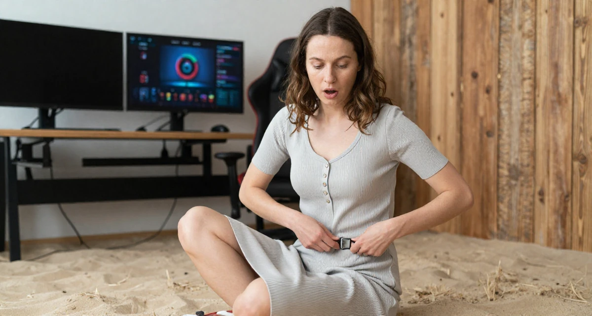 A surprised Female From Finland, studied graphic design and branding in their 25, learning responsibility through small failures, wearing a ribbed cotton dress with buttons down the front, fixing a belt buckle in a gaming room.