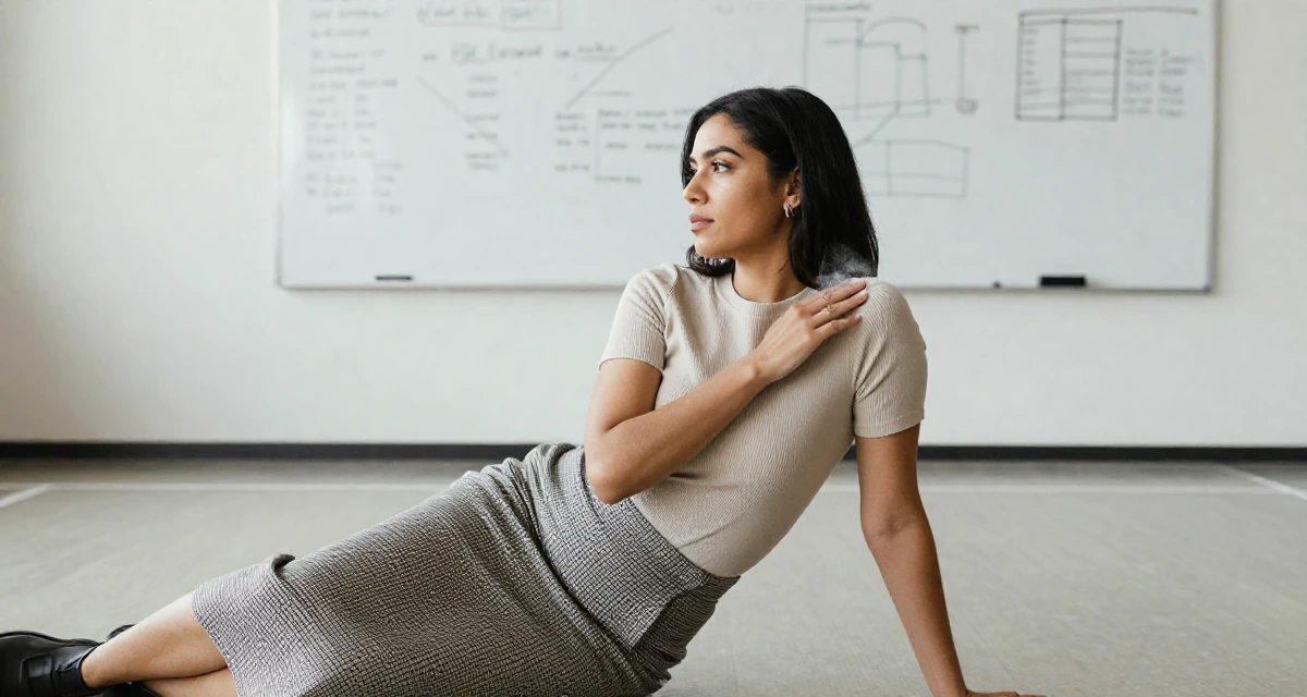 A observant Female Once a barista, now a full-time creator leaning into aesthetic storytelling in their 40, redefining style for the modern professional, wearing a fitted ribbed top and a check pattern skirt, dusting off the shoulder in a basketball court.