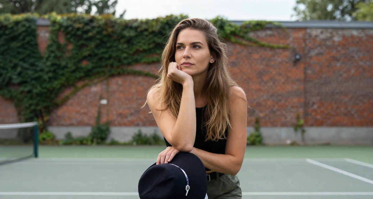 A calmly observant Female From Poland, based in Gdańsk, graduated from a communication college majoring in expressive personal branding in their 25, confident enough to wear what they truly like, wearing a modern grunge aesthetic, holding a hat in a tennis court.