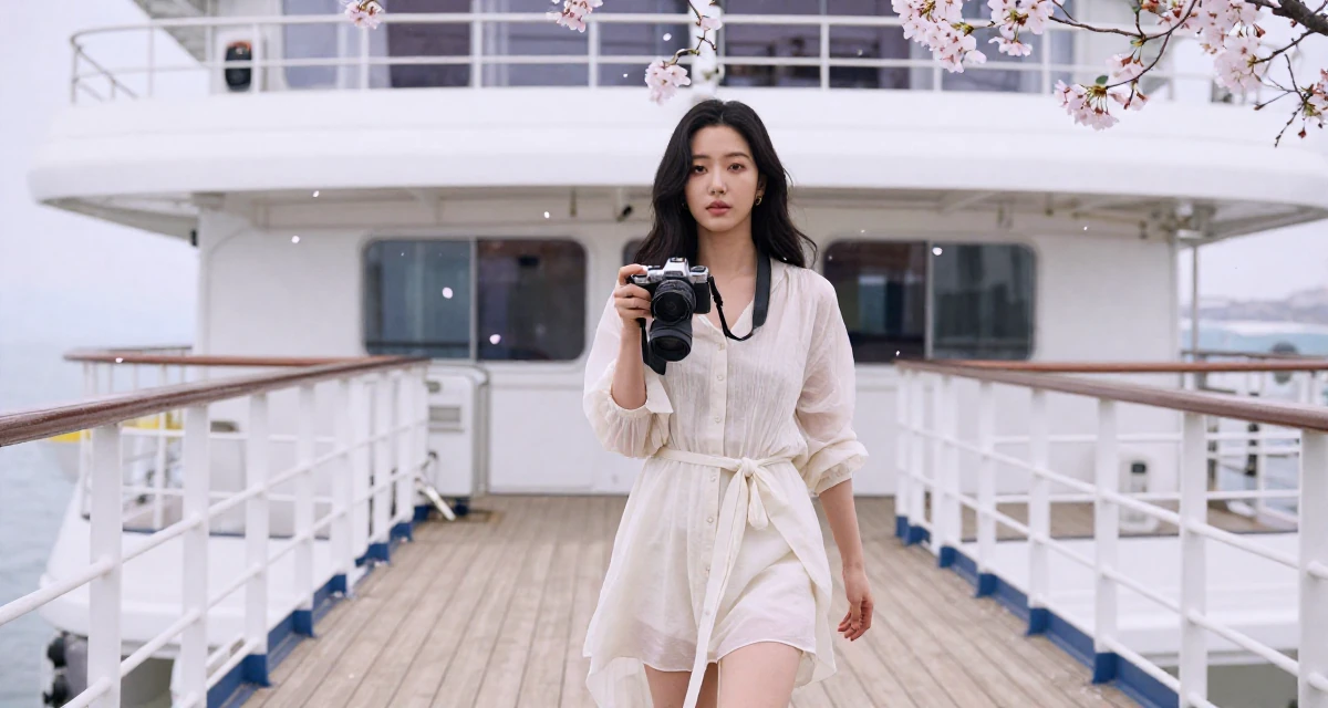 A fearless Female From Seoul South Korea, studied K-style beauty and content editing in their 25, experimenting with color palettes that feel sensual, wearing a light and airy spring attire, holding a camera ready to shoot in a cruise ship deck.
