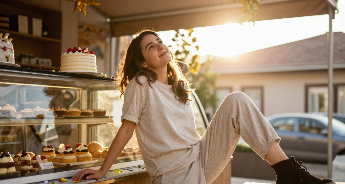 A smiling gently Female From Armenia, studied sociology in their 22, exhausted from the hustle of side gigs, wearing a soft organic cotton clothing, looking up at the sky in a bakery counter.