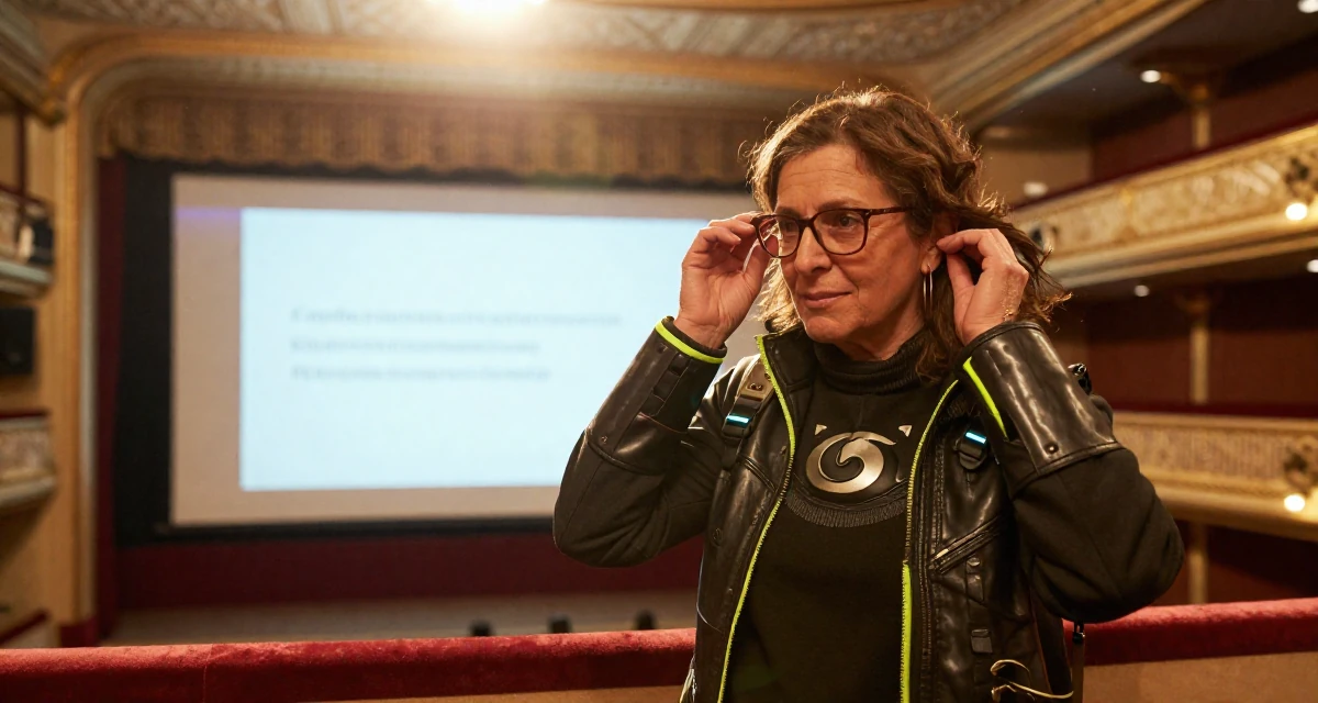 A quietly content Female From Morocco, based in Casablanca, graduated from a cultural college majoring in expressive movement studies in their 40, supporting aging parents, wearing a cyberpunk street samurai gear with neon accents, adjusting glasses in a opera house balcony.