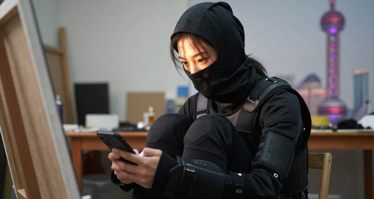 A aloof Female Once a ballet dropout, now redefining movement through intimate expression in their 25, considering expanding into TikTok or Reddit promo, wearing a tech-wear ninja outfit with a face mask, typing a message in a messy artist studio.