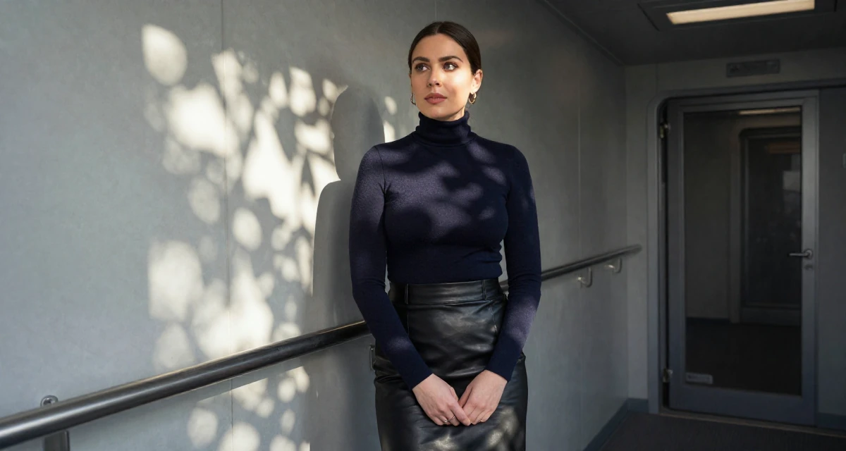 A curious Female From Australia, majored in finance at a private university in their 35, planning for a legacy or long-term impact, wearing a fitted turtleneck and a leather midi skirt, leaning on a railing in a spaceship corridor.