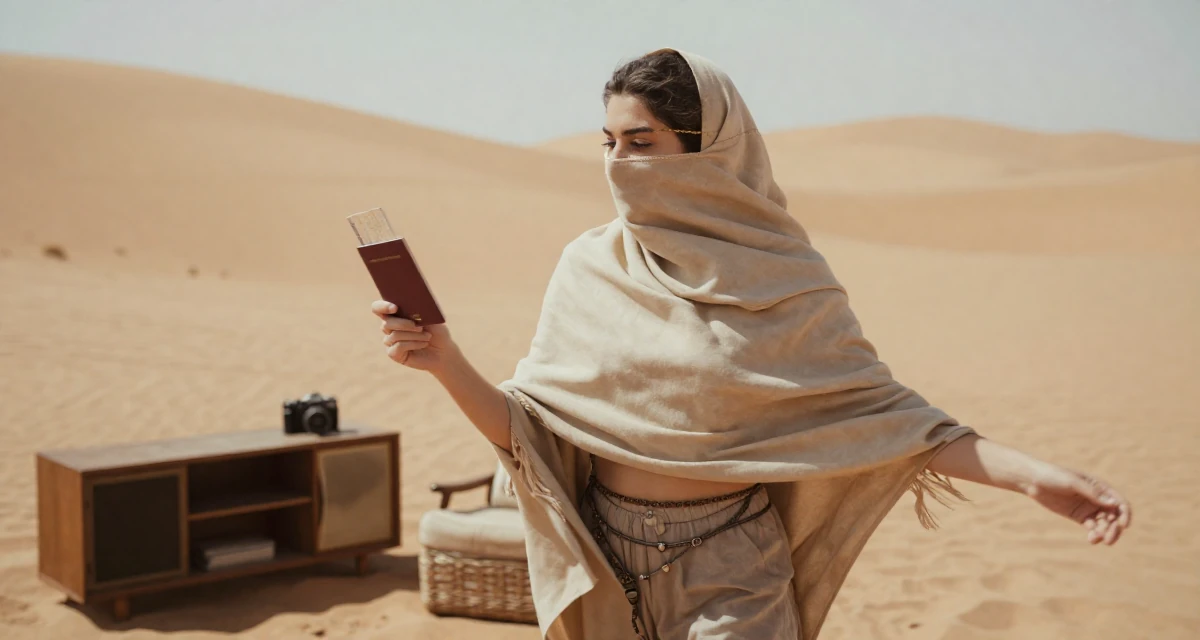A nostalgic Female From Australia, trained in photography and visual arts in their 25, becoming more selective with fan interactions, wearing a desert nomad wrap outfit with a face veil, holding a passport or ticket in a desert sand dunes.