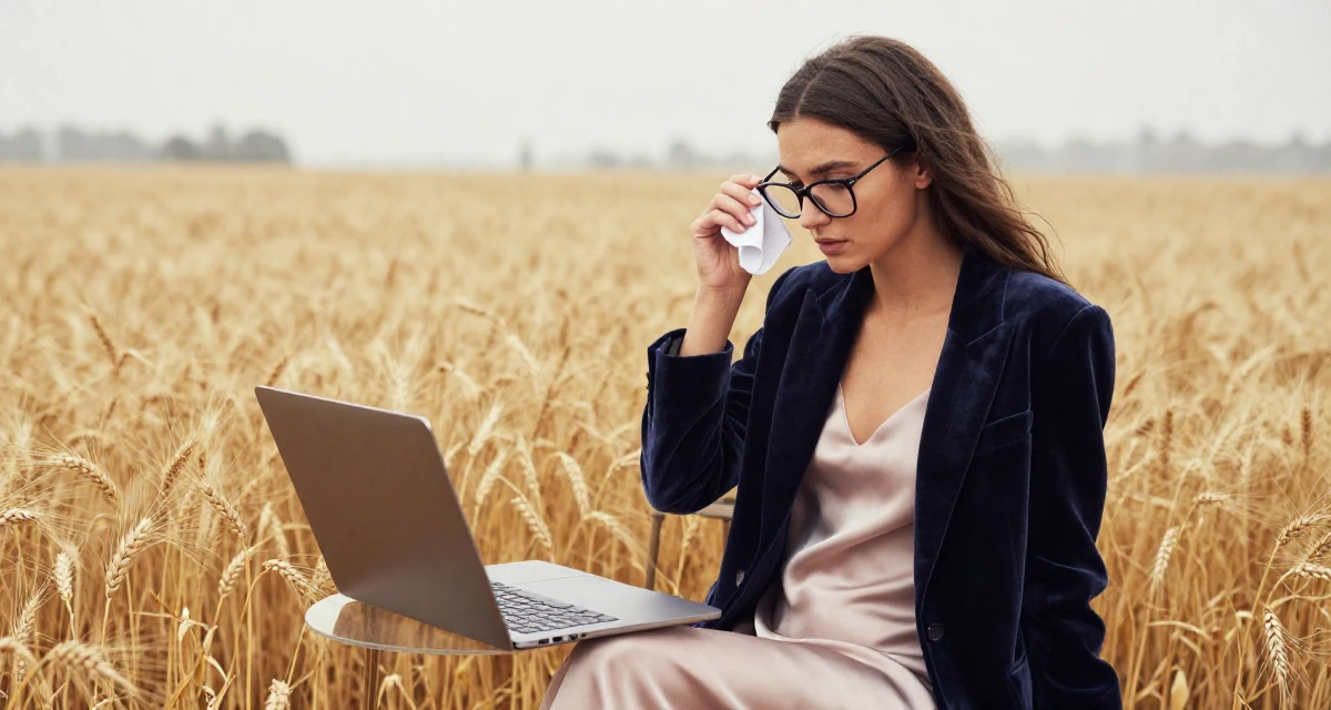 A resilient Female From Milan Italy, studied fashion styling in their 22, experimenting with online creative platforms, wearing a velvet blazer and a silk slip dress, cleaning glasses with a cloth in a golden wheat field.
