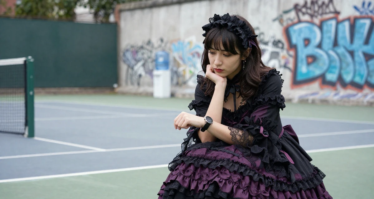 A thoughtful Female From Spain, majored in public relations and advertising in their 23, realizing content creation requires real discipline, wearing a elaborate gothic lolita dress with frills and lace, glancing at a wristwatch in a tennis court.