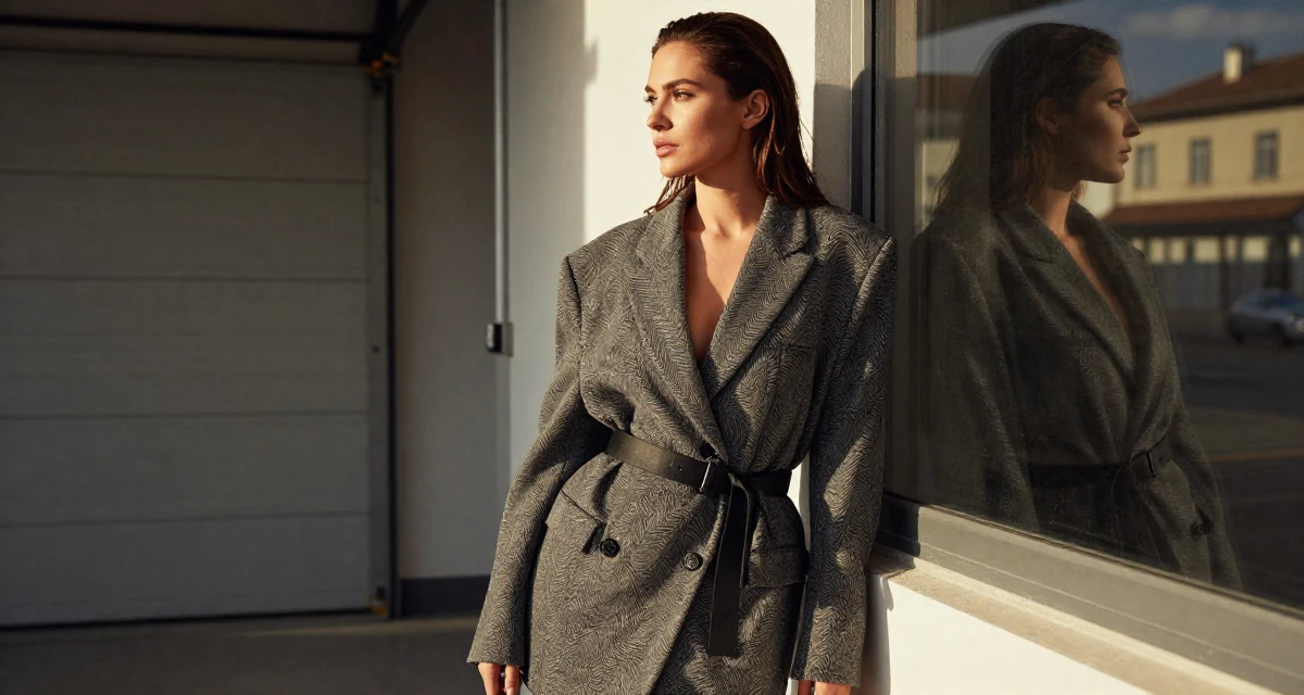 A calm and confident Female From Switzerland, based in Zurich, graduated from a creative institute majoring in high-end glam production in their 22, investing in outfits that complement sensual expression, wearing a oversized blazer worn as a dress with a belt, looking at a reflection in a window in a mechanic garage.