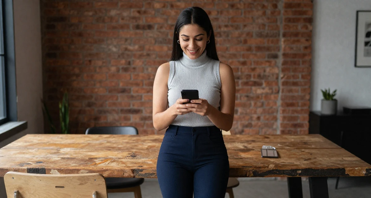 A warmhearted Female From Mexico City Mexico, studied graphic communication in their 25, evaluating whether to rebrand for better growth, wearing a sleeveless turtleneck top and tailored cigarette pants, scrolling casually in a loft apartment with brick walls.