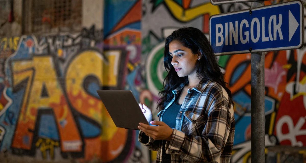 A inspired Female From Bangalore India, holds a degree in software engineering in their 25, learning lighting tricks that highlight sensual curves safely, wearing a cozy oversized flannel, looking at a street sign in a graffiti art wall.