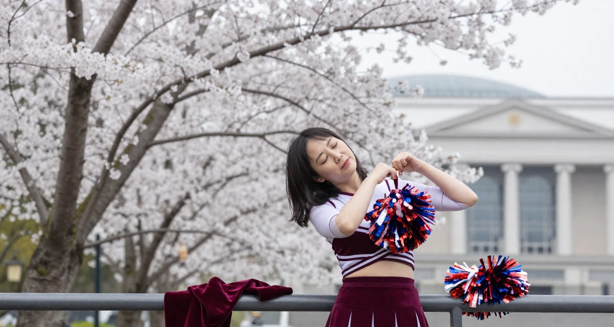 A relieved Female From Suzhou China, grew up in a family tailoring business, learning costume craft in their 49, creating content about cultural heritage, wearing a cheerleader uniform with a cropped top and pom-poms, adjusting a shoulder strap in a cherry blossom park.