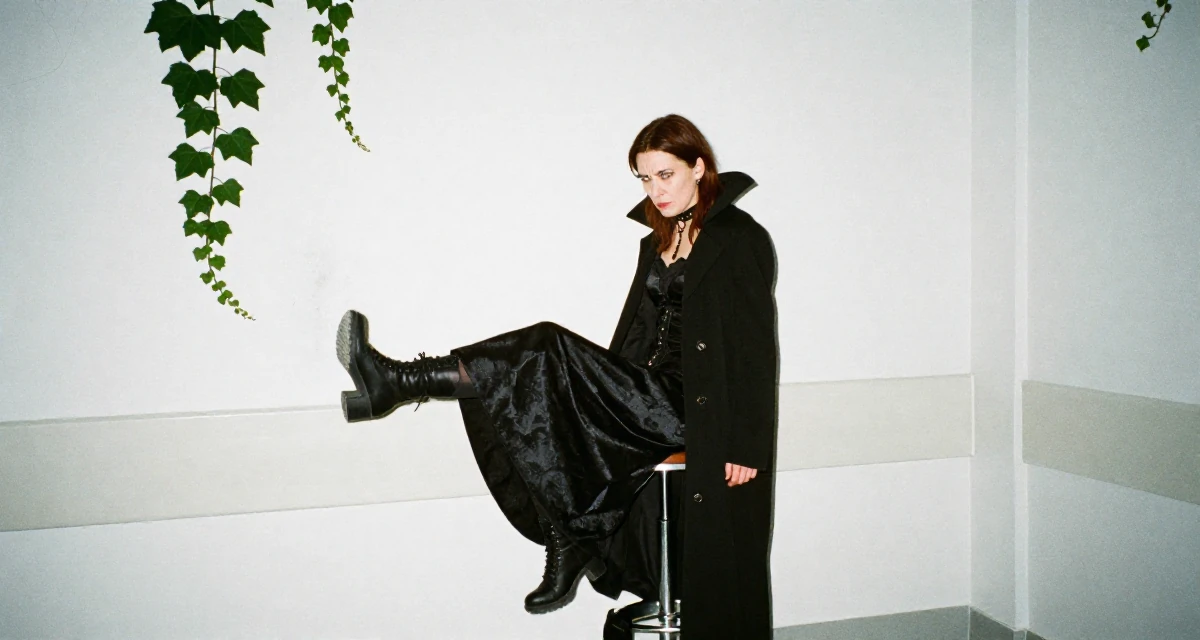 A sarcastic Female From Ukraine, has a degree in interior design in their 22, worrying about disappointing early supporters, wearing a gothic vampire hunter outfit with a long coat, kicking up dust playfully in a hospital corridor.