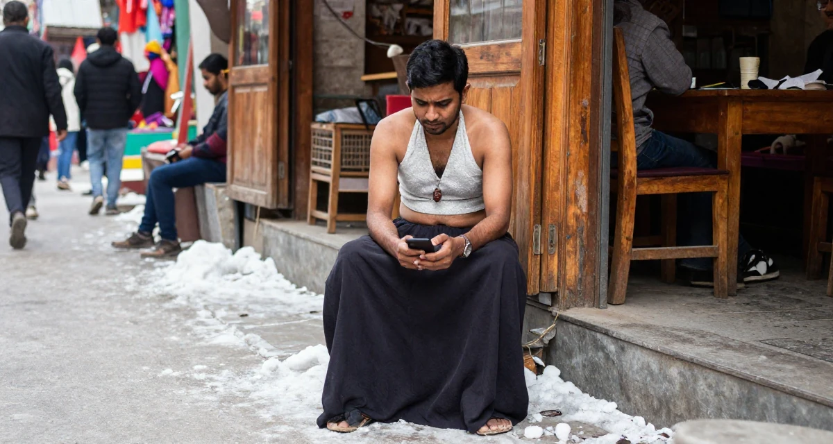 A unbothered male Born in India, studied data analytics for media in their 20, hiding insecurity behind a cool facade, wearing a halter neck crop top and a flowing maxi skirt, reading a text message in a snowy sidewalk.