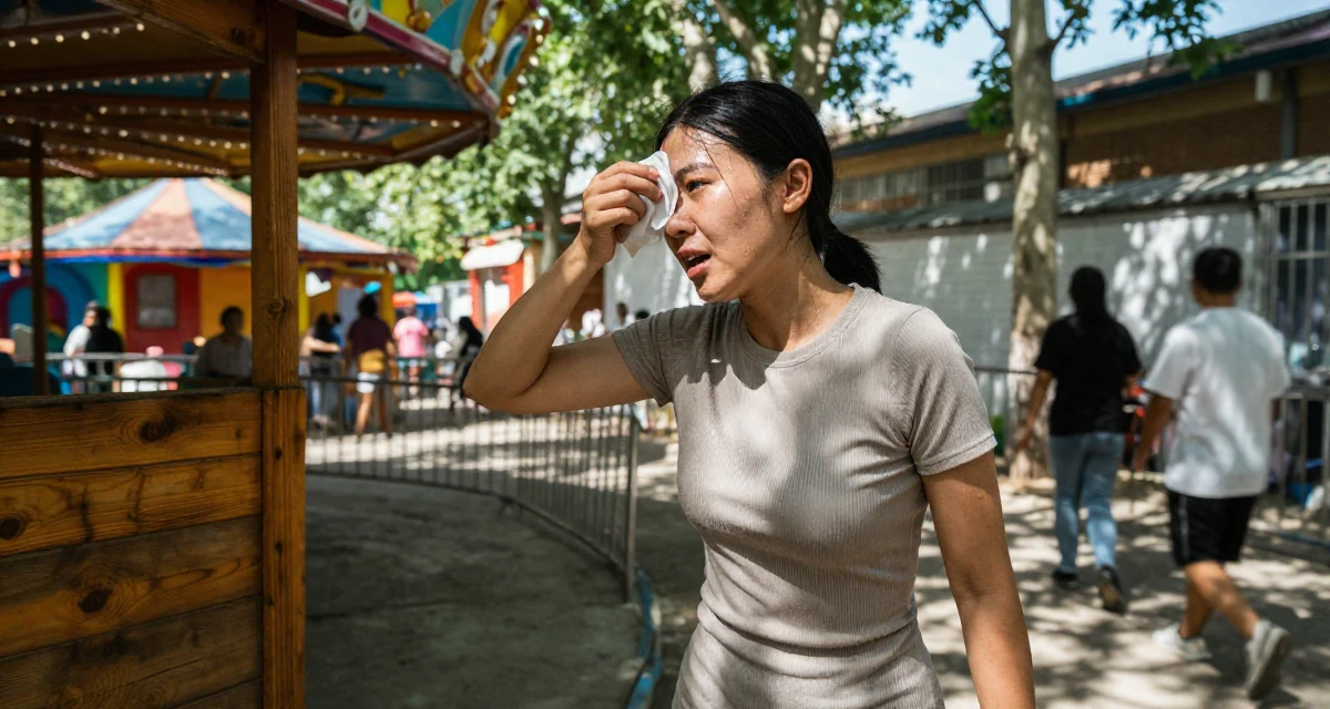 A wild Female From Mongolia, based in Ulaanbaatar, graduated from a national university majoring in media studies in their 42, single and thriving in a new city, wearing a fitted ribbed dress, wiping sweat from the brow in a carnival with rides.
