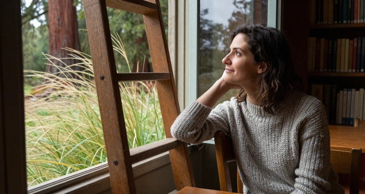 A compassionate Female From Italy, studied restoration of cultural heritage in their 25, learning to balance creativity with subscriber expectations, wearing a textured wool sweater, looking out the window in a old library with wooden ladders.