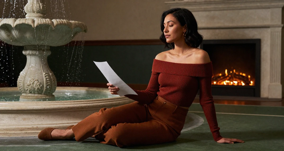 A zen-like Female Once a biology teacher, now exploring artistic movement expression in their 23, finding comfort in semi-bold outfits that feel empowering, wearing a off-the-shoulder knit top and fitted trousers, holding a piece of paper in a tennis court.