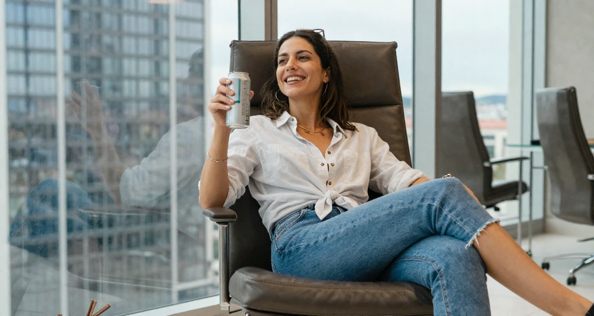 A cheerful Female From Lisbon Portugal, learned storytelling through movement in their 22, becoming more aware of personal boundaries with fans, wearing a button-down shirt tied at the waist and denim cutoffs, holding a beverage can in a modern skyscraper lobby.