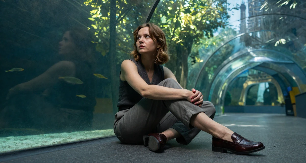 A moody Female From Russia, studied psychology at a community college in their 49, expert in antique restoration and design, wearing a polished loafer and trousers look, glancing sideways in a aquarium tunnel.