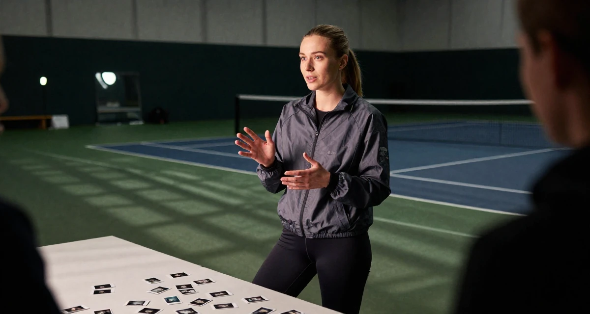 A soulful Female From Finland, based in Espoo, graduated from a design institute majoring in atmospheric lighting arts in their 22, trying to look more professional than they feel, wearing a sporty windbreaker and leggings, gesturing while talking in a tennis court.