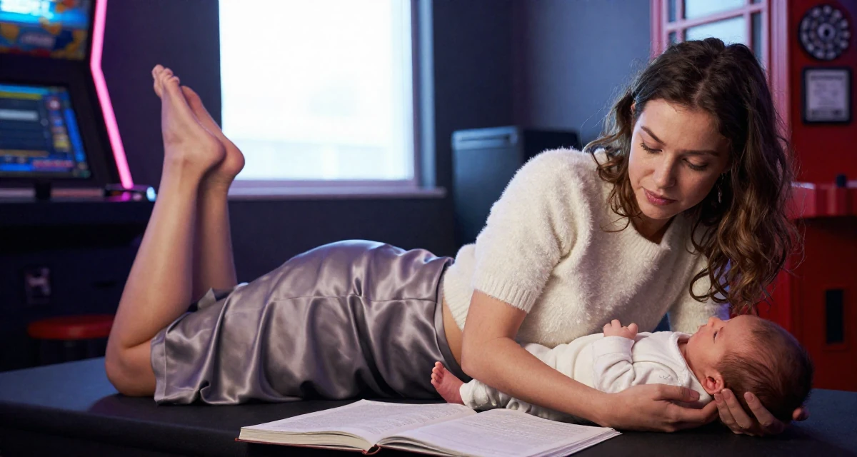 A contemplative Female Once a babysitter, now documenting grown-up self-expression in their 35, caring for a newborn, wearing a satin midi skirt and a fuzzy cropped sweater, carrying a stack of documents in a arcade room with neon lights.