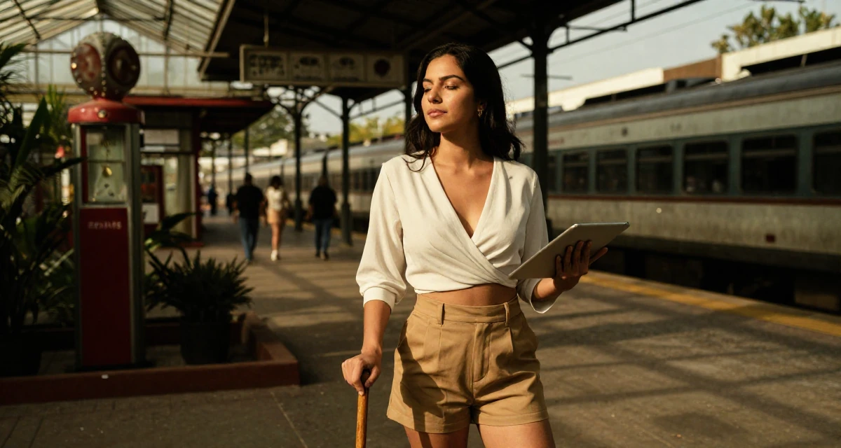 A peaceful Female From Guadalajara Mexico, trained in swimsuit modeling and runway posing in their 42, finding peace in a slower intentional lifestyle, wearing a wrap-front blouse and tailored shorts, holding a tablet device in a greenhouse interior.