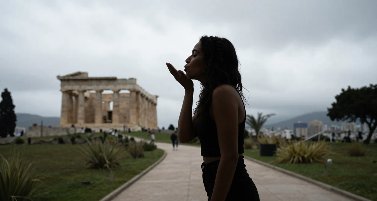 A sensual Female From São Paulo Brazil, studied digital entertainment in their 29, carrying invisible pressure to stay relevant, wearing a minimalist Scandinavian style, blowing a kiss in a zoo pathway.