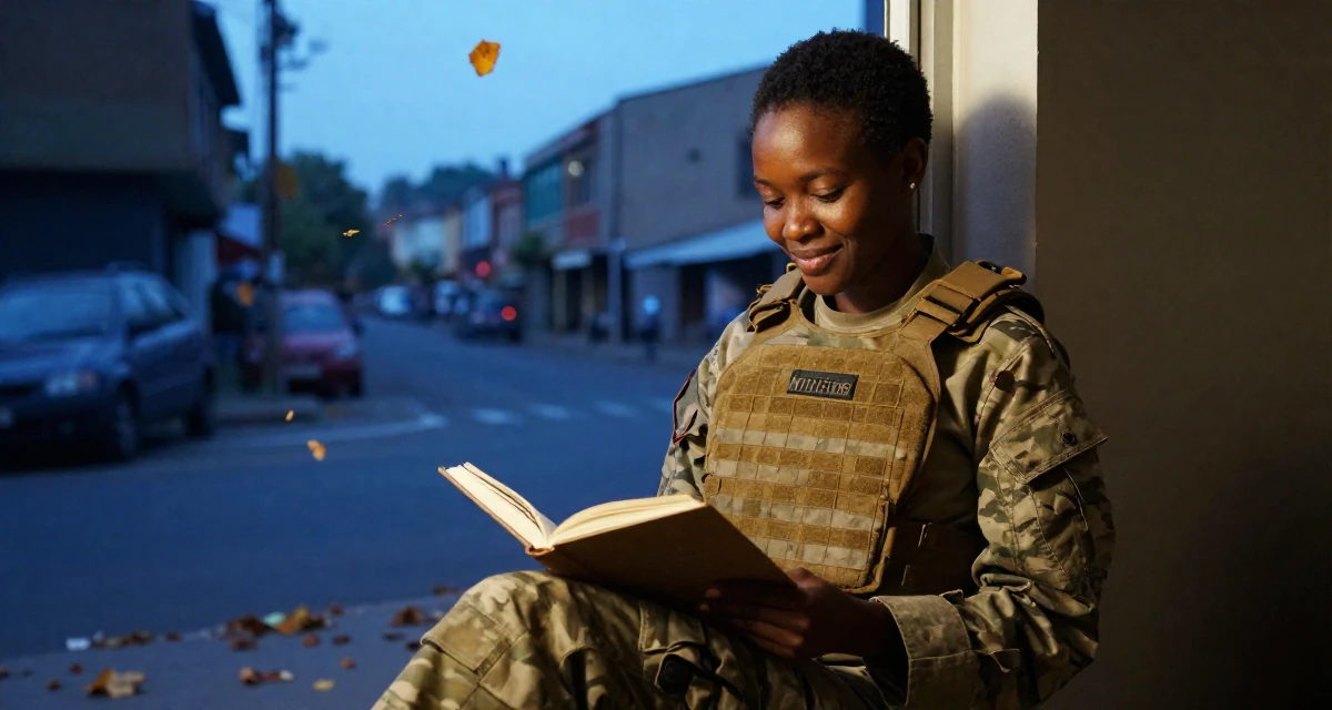 A warmhearted Female From Tanzania, studied wildlife conservation in their 25, exploring personal identity for the first time, wearing a tactical military gear with a cropped vest and cargo pants, opening a book in a bustling city street.