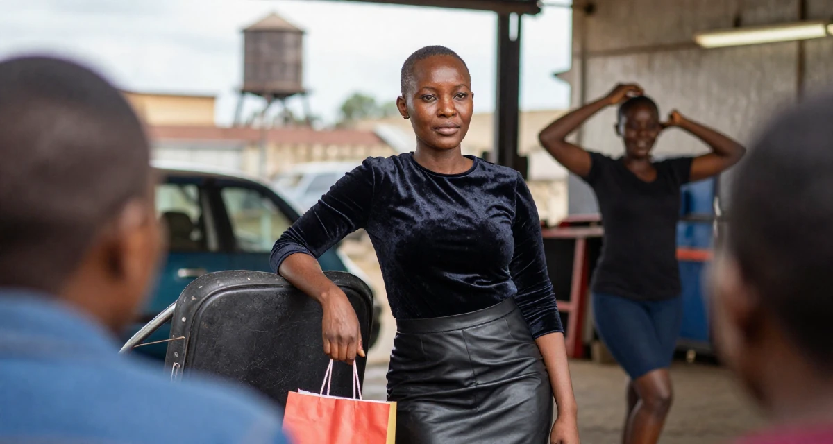 A calmly observant Female From Nairobi Kenya, trained in expressive dance and confident movement in their 40, navigating the balance of career and aging parents, wearing a fitted velvet top and a leather skirt, holding a shopping bag in a mechanic garage.