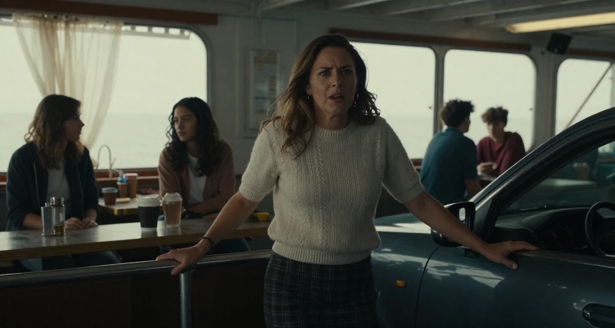 A rebellious Female From New York USA, studied film and television in their 46, running a household with teens, wearing a short sleeve cashmere sweater and a skirt, grabbing a railing for support in a ferry deck.