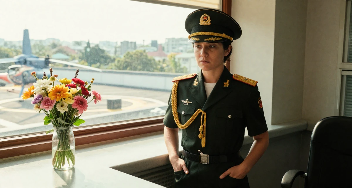 A zoned out Female Once a supermarket clerk, now building a slow-life creator brand in their 20, hiding insecurity behind a cool facade, wearing a military general uniform with gold braiding and a hat, putting hands in pockets in a radio station.