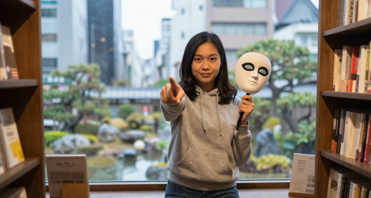 A subtly confident Female From Johor Malaysia, studied early childhood education in their 22, planning monthly photoshoots on a tight budget, wearing a classic grey hoodie and jeans, holding a mask (cosplay/prop) in a vintage bookstore.