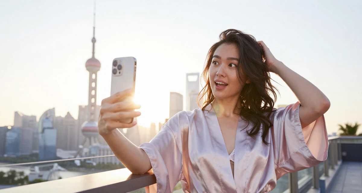 A whimsical Female Once a digital-marketing intern, now running her own creator brand in their 23, exploring flirtatious selfies that feel natural, wearing a silky kimono robe worn open over loungewear, grabbing a railing for support in a rooftop terrace at sunset.