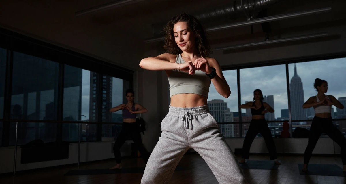 A warmhearted Female From Austria, majored in music theory in their 29, navigating the fear of stagnation in a saturated market, wearing a cropped tank top and low-waisted sweatpants, fixing a cufflink in a yoga studio.