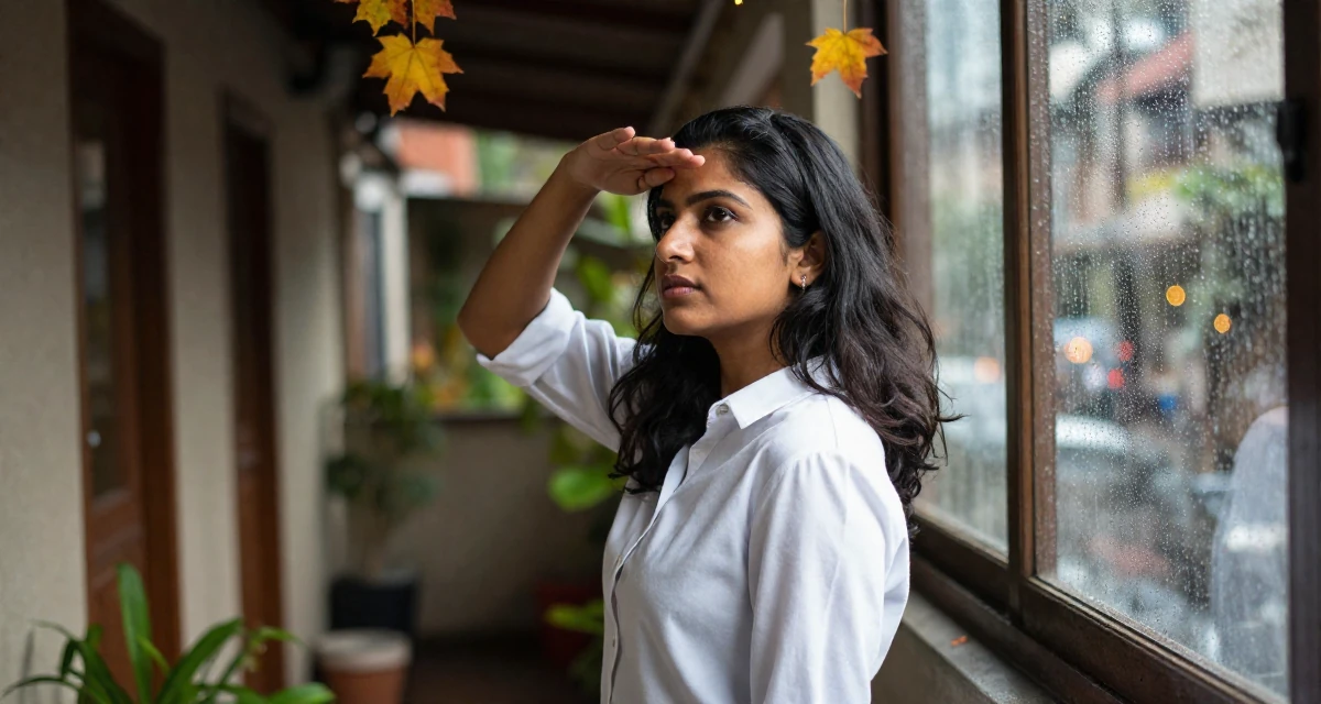 A deeply absorbed Female From Sri Lanka, studied digital commerce in their 22, becoming more aware of personal boundaries with fans, wearing a crisp button-up with rolled sleeves, shading eyes from the sun in a narrow hallway.
