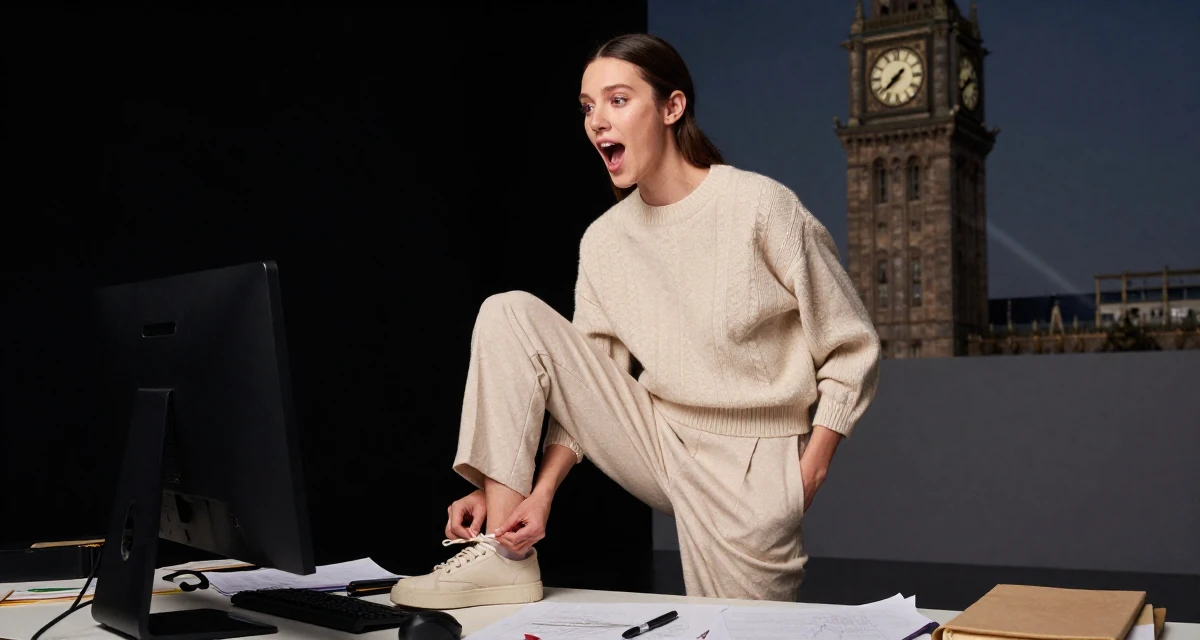 A eager Female Once a junior photographer, now the subject of her own shoots in their 25, exploring creativity online, wearing a monochromatic beige outfit with a knit top and trousers, tying a shoelace in a messy desk.
