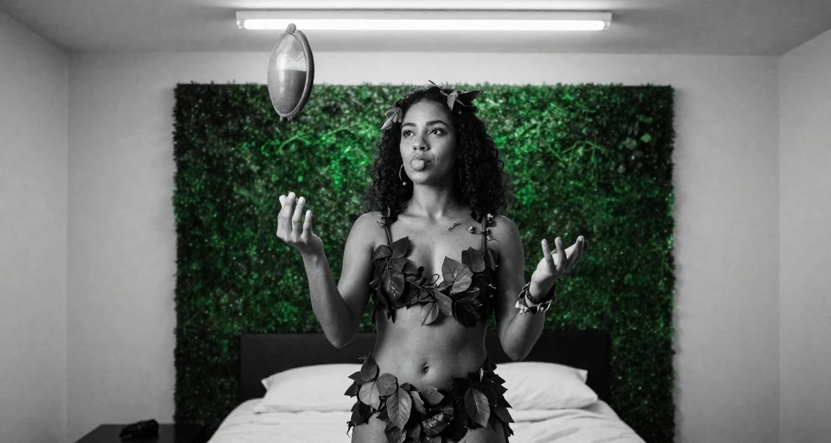 A inspired Female From Brazil, trained in digital cinematography in their 23, juggling sensual creativity with real-life responsibilities, wearing a forest dryad costume made of leaves and vines, sipping a latte in a minimalist bedroom.