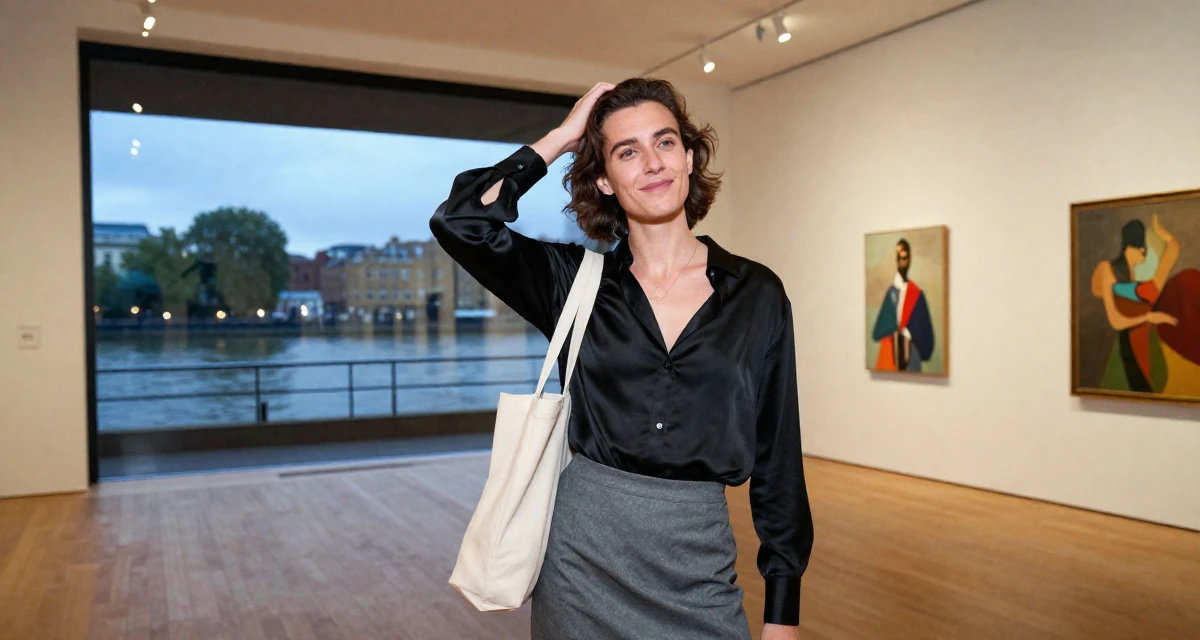 A friendly male From UK, studied fashion marketing in London in their 29, letting go of the need to please everyone, wearing a black silk blouse slightly unbuttoned and a grey skirt, carrying a tote bag in a art gallery hall.