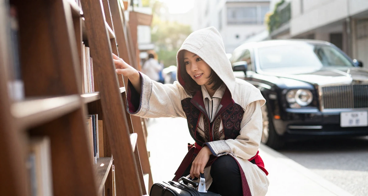 A radiant Female From Japan, studied early childhood education in their 27, dealing with the pressure of peers getting married, wearing a assassin creed style hooded robe and tunic, polling a luggage handle in a old library with wooden ladders.